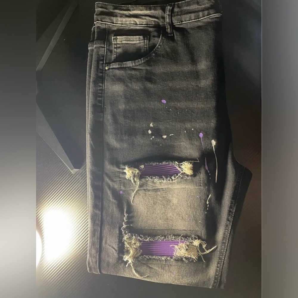 SHEIN Black Distressed Jeans with Purple Accents